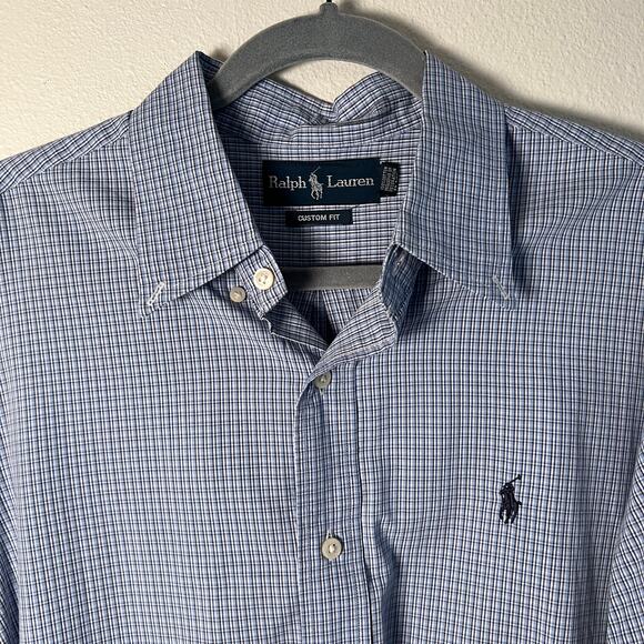 Ralph Lauren Custom Fit - Mens L L/S Button Down Oxford - Blue Gray White Plaid - Picture 2 of 13